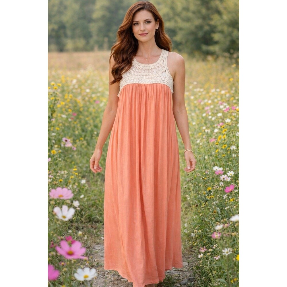 Chelsea & Violet Macrame Coral Flowy Fairy Bohemian Maxi Sleeveless Dress Size M